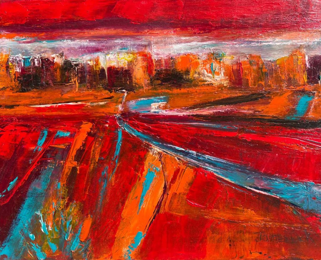 abstract red painting of northern Arizona landscape
