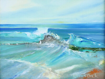 Impressionist painting of wave crashing in blue ocean at Laguna Beach