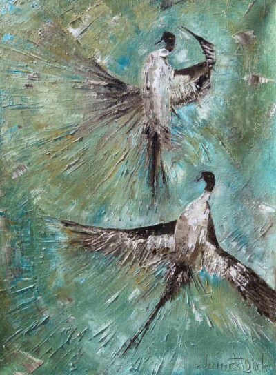 Impressionist painting of pintail ducks on a pond