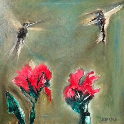 Impressionist Painting of Hummingbirds Fighting Over Sugar